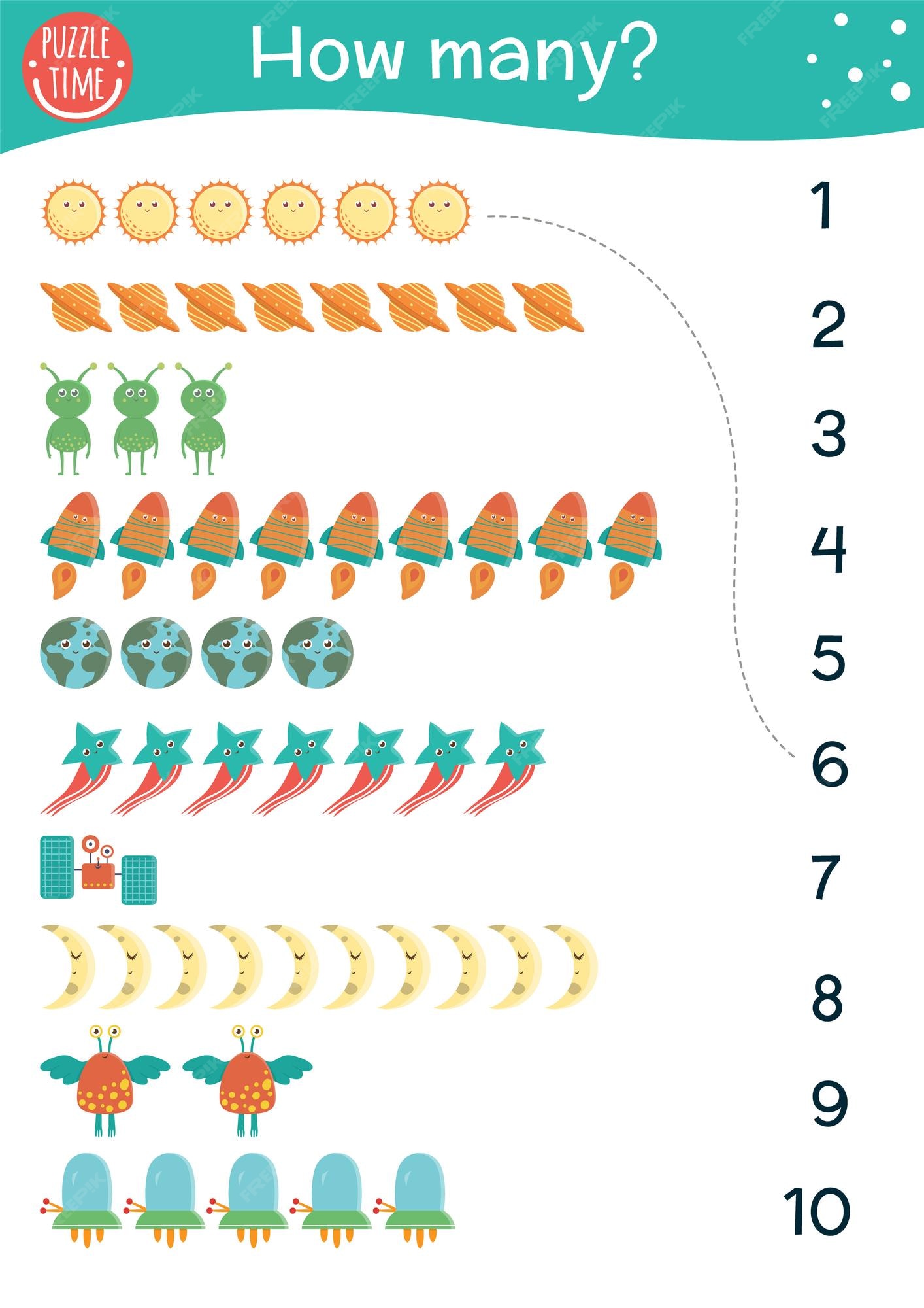 Jogo De Matemática Infantil Contando Quebra-cabeça Para Educação Crianças  Quantos Objetos Espaciais Encontram E Contam Satélites De Alienígenas De  Desenhos Animados E Foguetes Rover Lunar Na Superfície Da Lua Design De  Planilha
