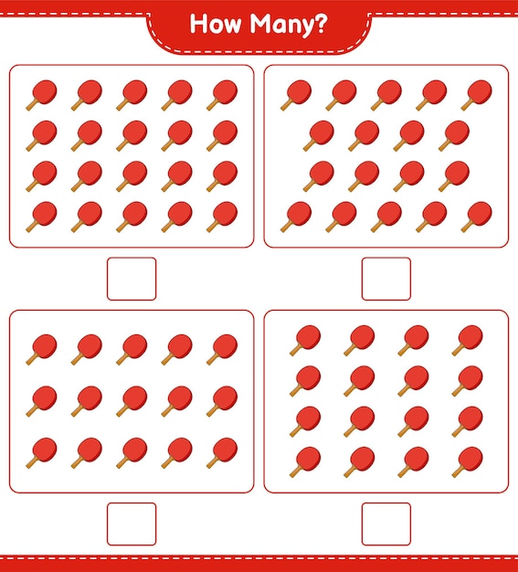 Jogo de contagem de quantas raquetes de pingue-pongue - planilha para impressão do jogo educativo para crianças