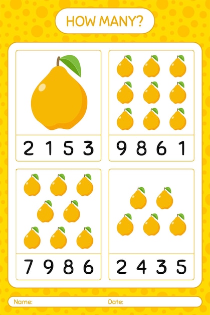 Jogo de contagem de quantos com planilha de marmelo para crianças em idade pré-escolar, planilha de atividades para crianças, planilha para impressão