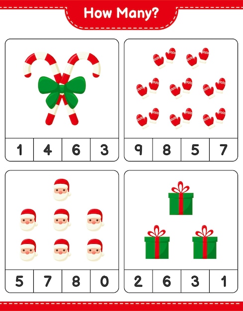 Jogo de contagem, jogo educativo para crianças de decoração de natal, planilha para impressão