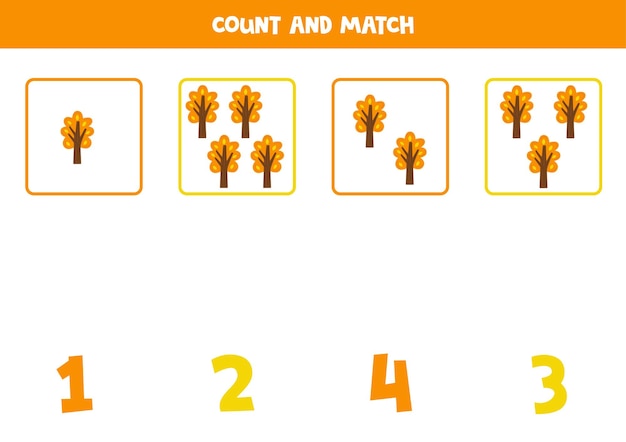Jogo de contagem para crianças conte todas as árvores de outono e combine com números planilha para crianças