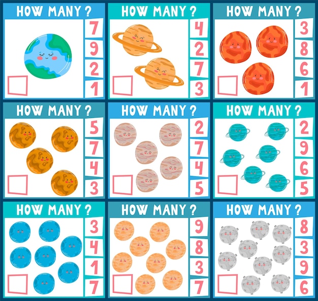 Jogo de contagem para crianças em idade pré-escolar um jogo de matemática educacional conte quantas peças e escreva o resultado tema do espaço