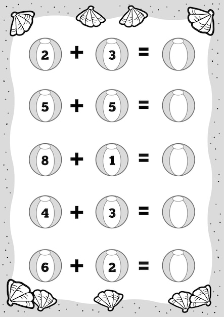 Jogo de contagem para crianças em idade pré-escolar um jogo educativo de matemática planilhas de adição bolas de praia