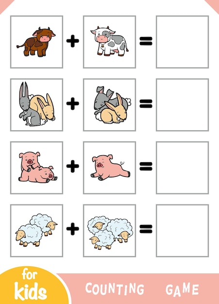 Jogo de contagem para crianças pré-escolares conte os animais na imagem e escreva o resultado planilha de adição