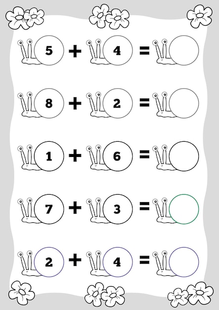 Jogo de contagem para crianças pré-escolares educacional um jogo matemático folha de trabalho de adição caracol