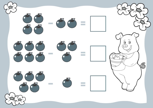 Jogo de contagem para crianças pré-escolares planilha de subtração porco e maçãs jogo educativo de matemática