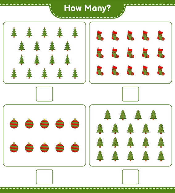 Jogo de contagem, quantas árvore de natal, bola de natal e meia de natal. jogo educativo para crianças, planilha para impressão, ilustração vetorial