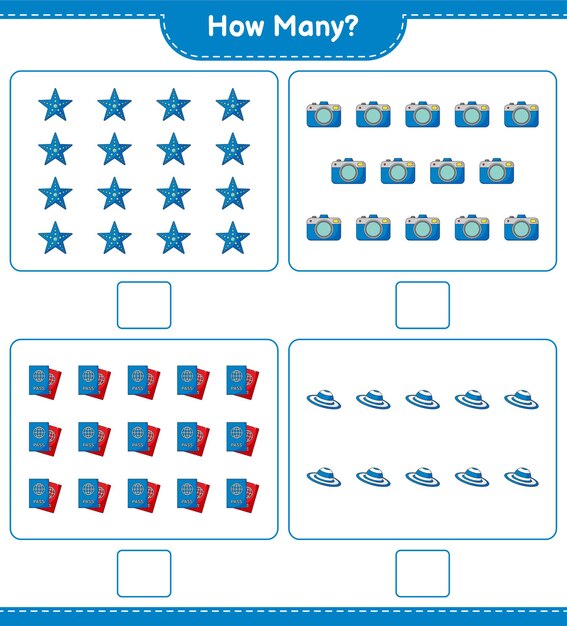 Jogo de contagem, quantas câmeras, chapéu de verão, estrela do mar e passaporte. jogo educativo para crianças, planilha para impressão