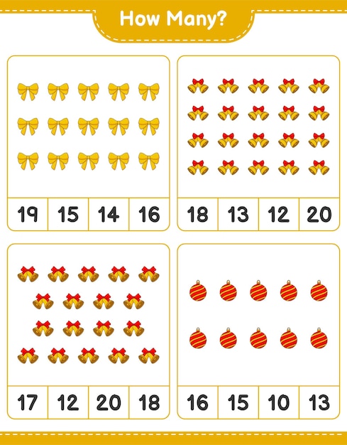 Jogo de contagem, quantas fitas, bola de natal e sino de natal. jogo educativo para crianças, planilha para impressão, ilustração vetorial