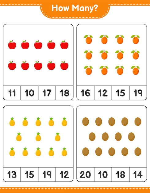 Jogo de contagem, quantas frutas. jogo educativo para crianças, planilha para impressão, ilustração