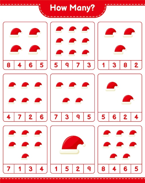 Jogo de contagem, quantos chapéus de papai noel. jogo educativo para crianças, planilha para impressão