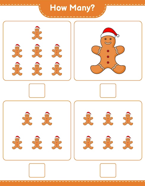 Jogo de contagem, quantos gingerbread man. jogo educativo para crianças, planilha para impressão, ilustração vetorial