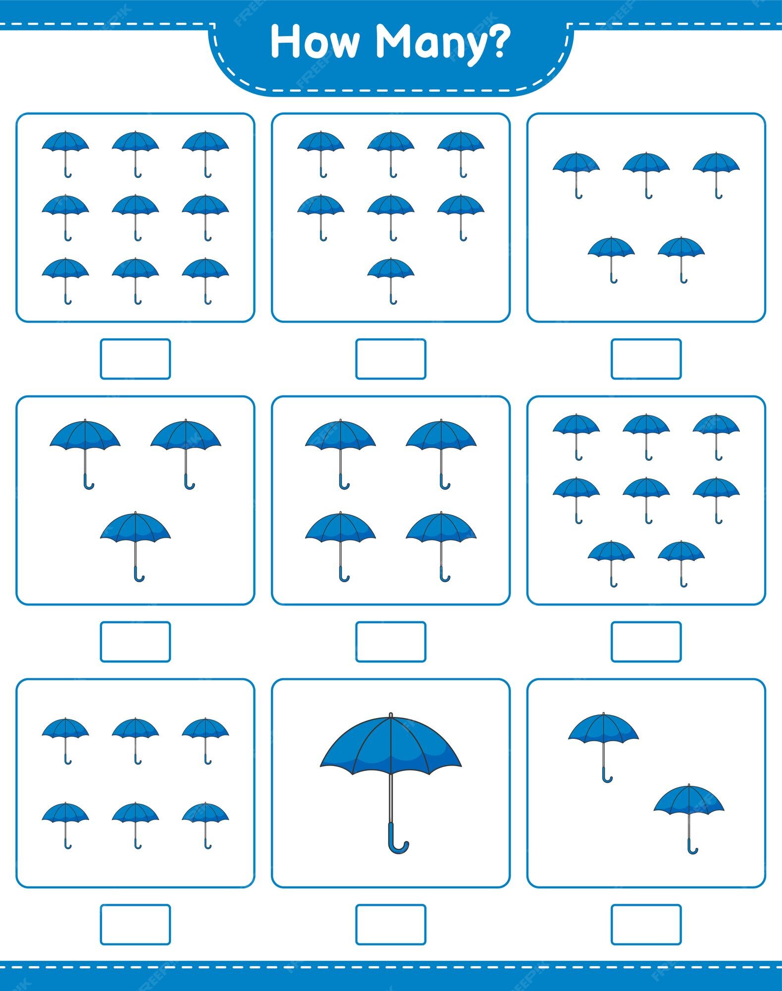 Jogo de contagem, quantos guarda-chuva. jogo educativo para crianças,  planilha para impressão