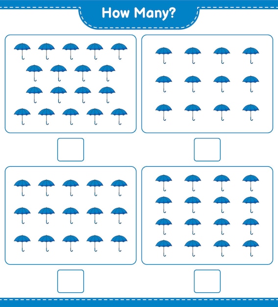 Jogo de contagem, quantos guarda-chuva. jogo educativo para crianças, planilha para impressão