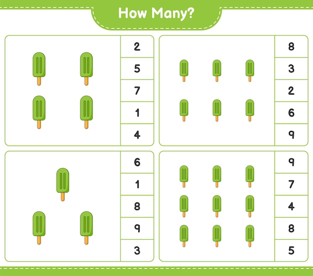 Jogo de contagem, quantos sorvetes. jogo educativo para crianças, planilha para impressão