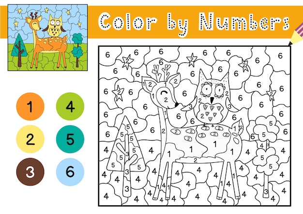 Jogo de cores por números para crianças página para colorir com um cervo bonito e uma coruja planilha para impressão com solução