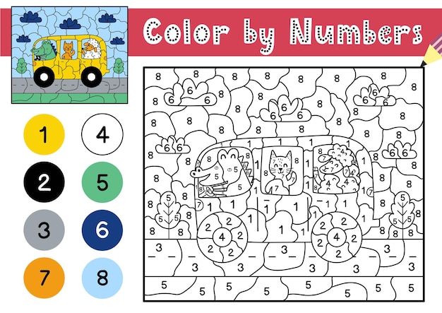 Jogo de cores por números para crianças página para colorir com um lindo gato de crocodilo e ovelhas dirigindo um ônibus planilha para impressão com solução para números escolares e pré-escolares.