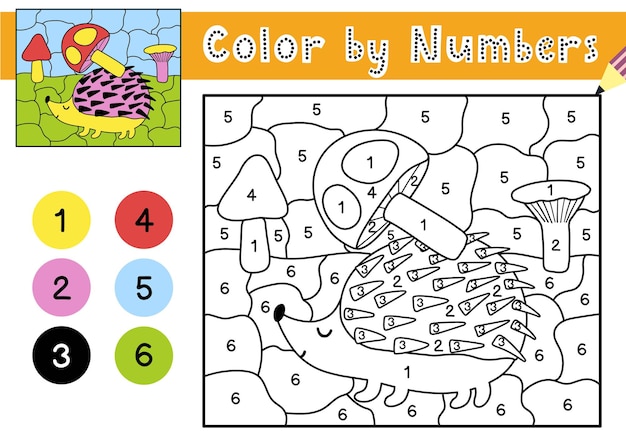 Jogo de cores por números para crianças página para colorir com um ouriço fofo carregando um cogumelo planilha para impressão com solução