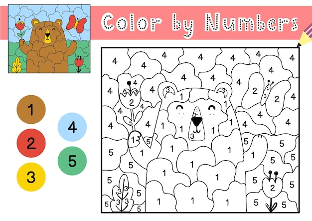 Jogo de cores por números para crianças página para colorir com um urso fofo e flores planilha para impressão com solução