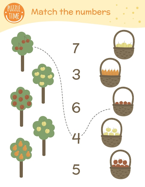 Jogo de correspondência com árvores, frutas e cestas. Atividade matemática para crianças em idade pré-escolar. Planilha de contagem. Enigma educacional com personagens engraçados fofinhos.