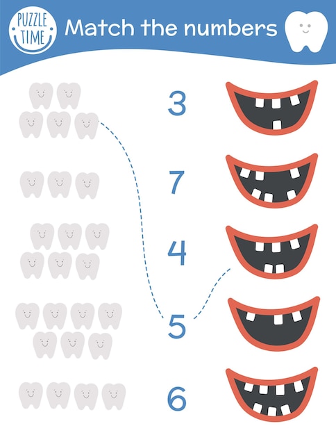 Jogo de correspondência com dentes e boca. atividade matemática de atendimento odontológico para crianças em idade pré-escolar. planilha de contagem de clínica dentista. enigma educacional com elementos engraçados bonitos para crianças.