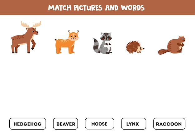 Jogo de correspondência combine palavras e animais fofos da