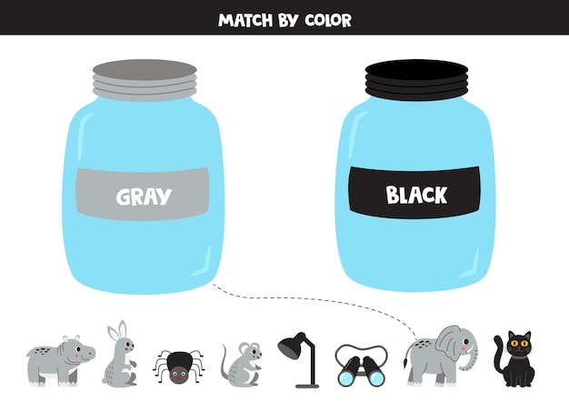 Vetor jogo de correspondência de cores para crianças aprender cores básicas classificar objetos por cor cinza ou preto