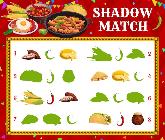 Jogo de correspondência de sombra comida mexicana vetor enigma