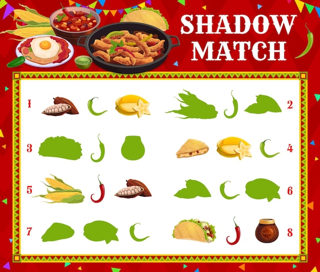 Jogo de correspondência de sombra comida mexicana vetor enigma para crianças