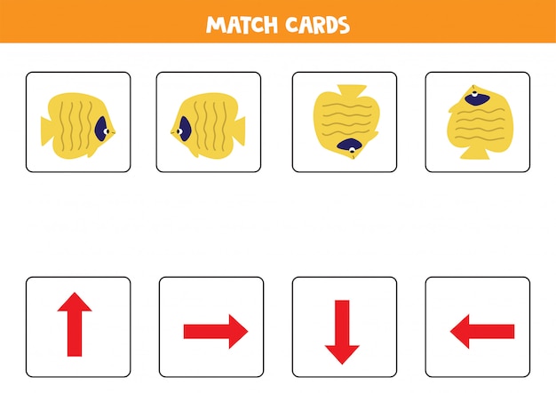 Jogo de correspondência para crianças. Combine a orientação e o peixe amarelo bonito dos desenhos animados.