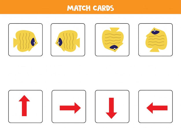Jogo de correspondência para crianças. combine a orientação e o peixe amarelo bonito dos desenhos animados.