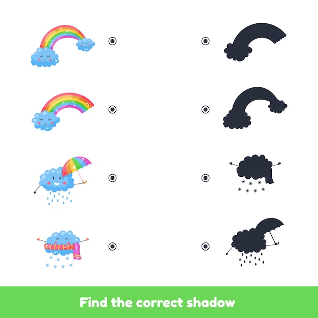 Jogo de correspondência para crianças em idade pré-escolar e do jardim de infância. encontre a sombra correta. tempo lindo.