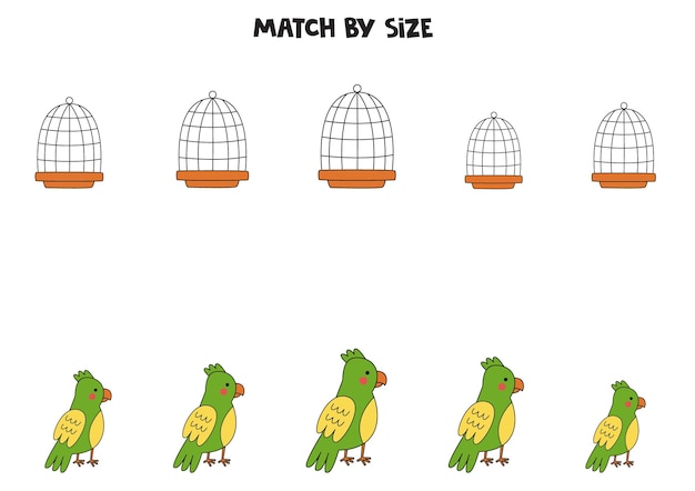 Jogo de correspondência para crianças pré-escolares combine papagaios e gaiolas por tamanho