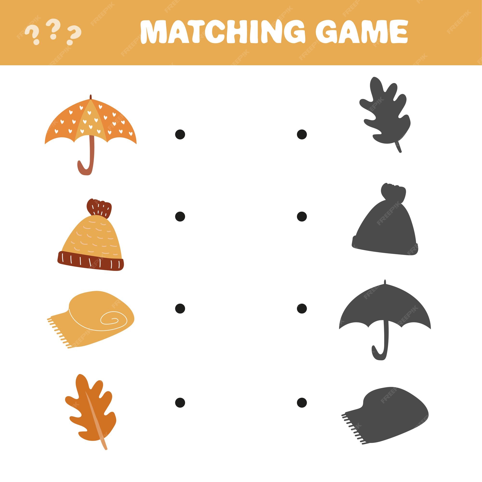 atividade de correspondência de sombras de outono para crianças.  Quebra-cabeça de outono com objetos bonitos. jogo educativo simples para  crianças com guarda-chuva, nuvem, folha. encontre a planilha de silhueta  correta para impressão.