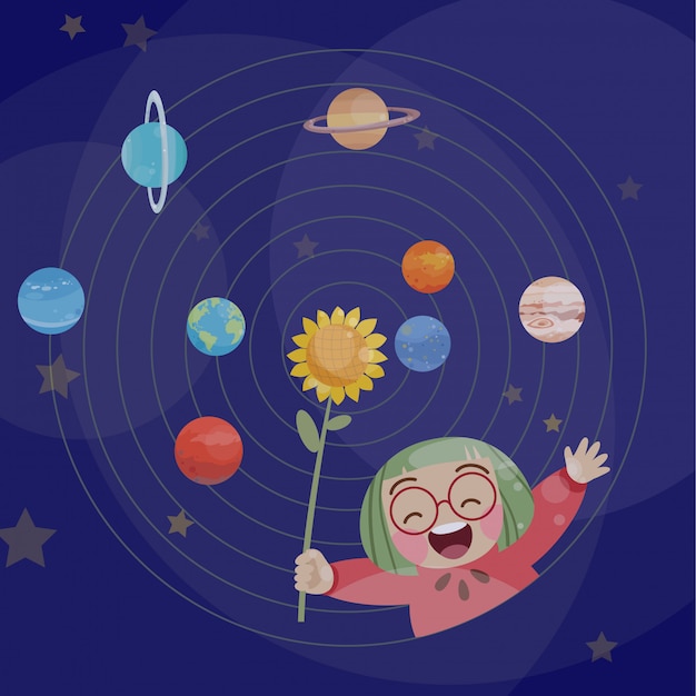 Jogo de criança feliz fofo com planetas fantasia de ilustração vetorial