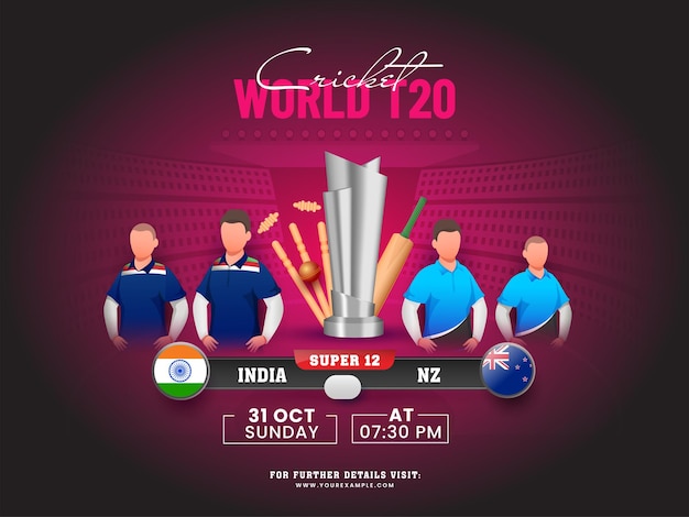 Jogo de críquete do mundo t20 da equipe participante índia vs nova zelândia com equipamento de torneio 3d no fundo do estádio rosa escuro.