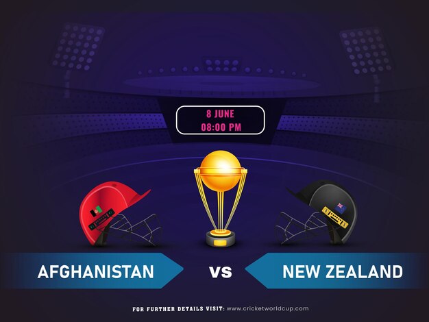Vetor jogo de críquete entre o afeganistão e a equipe da nova zelândia com troféu de ouro design de cartaz de mídia social