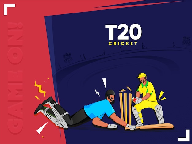 Jogo de críquete t20 com conceito de batedor wicket kepper esgotado batendo bola em fundo vermelho e azul