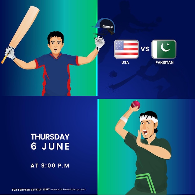 Vetor jogo de críquete t20 entre a equipe dos eua e o paquistão com personagens de batedor, jogador e lançador em camisola nacional