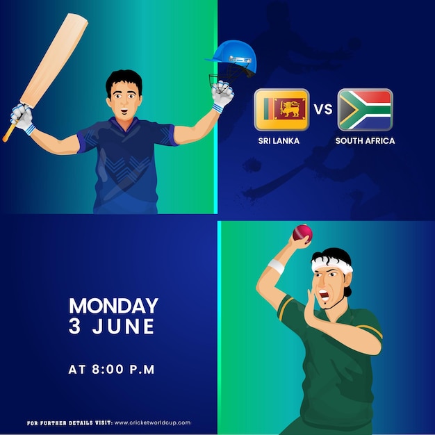 Vetor jogo de críquete t20 entre o sri lanka e a equipe da áfrica do sul com personagem de batedor e jogador de boliche na camiseta nacional design de cartaz publicitário