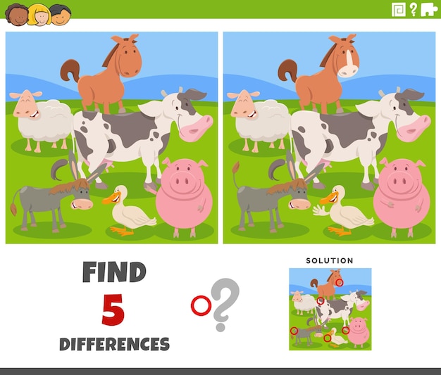 Jogo de diferenças com animais de fazenda de desenho animado