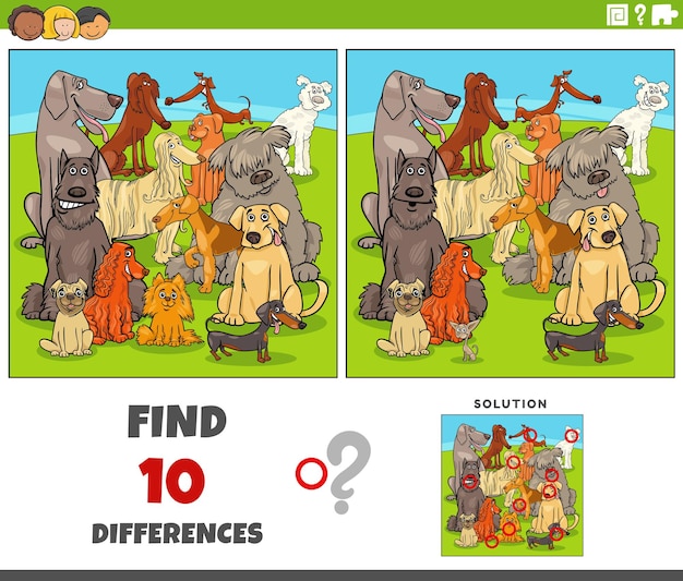 Jogo de diferenças com cães de raça pura de desenho animado