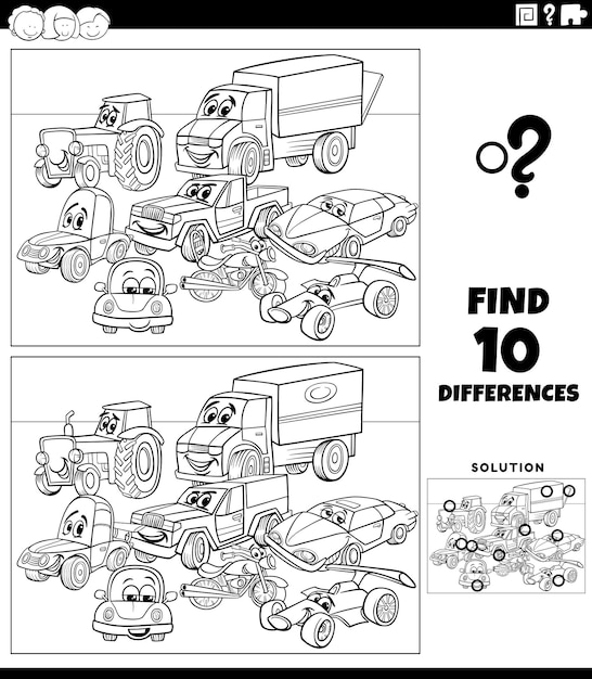 Jogo de diferenças com carros de desenhos animados para colorir e imprimir