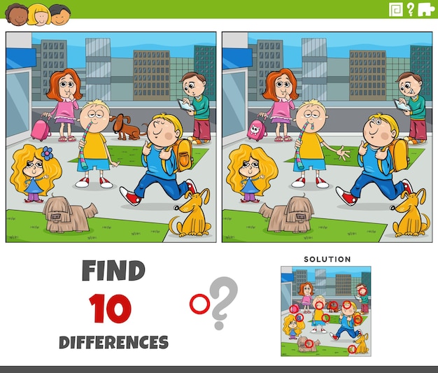 Jogo de diferenças com crianças de desenho animado na cidade