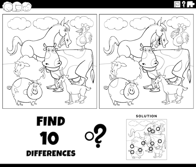 Jogo de diferenças com desenho de animais de fazenda em quadrinhos para colorir
