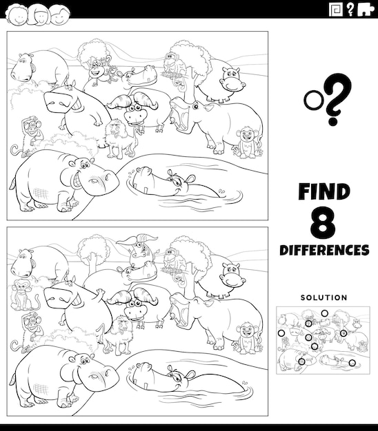 Jogo de diferenças com desenhos animados de animais selvagens para colorir página do livro