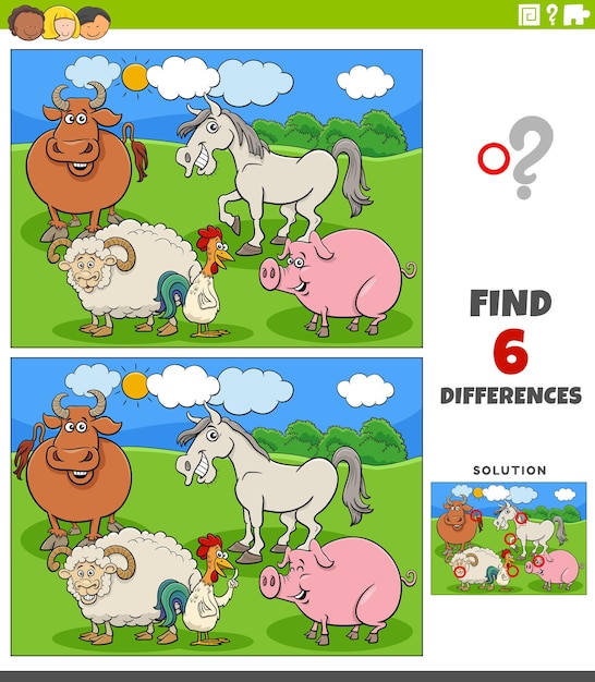 Jogo de diferenças com o grupo de personagens de animais de fazenda dos desenhos animados