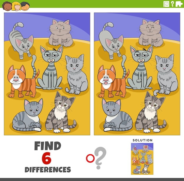 Jogo de diferenças com personagens animais de gatos de desenho animado