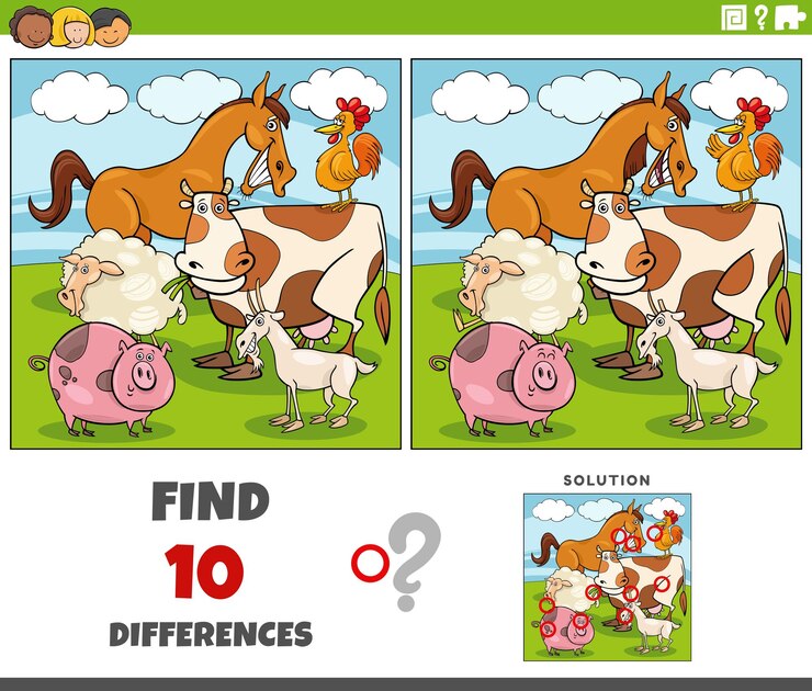 Vetor jogo de diferenças com personagens de animais de fazenda de desenhos animados
