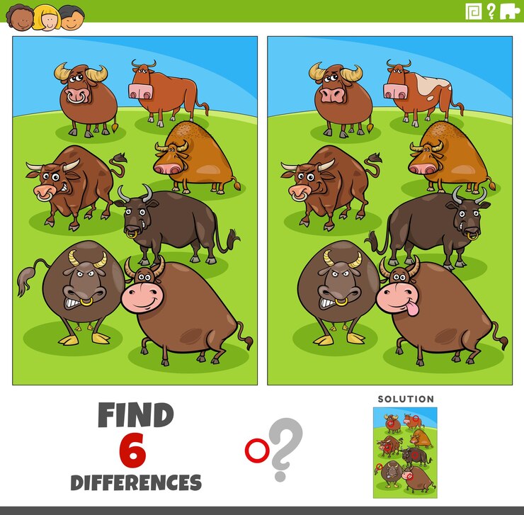 Vetor jogo de diferenças com personagens de animais de fazenda de touros de desenhos animados